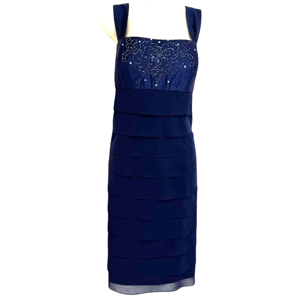 SL Fashions Tiered Navy Beaded Sleeveless Layered Cocktail Formal Dress sz 18